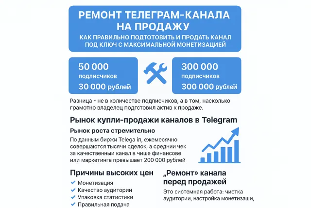 Ремонт телеграм-канала на продажу: как правильно подготовить и продать канал под ключ с максимальной монетизацией